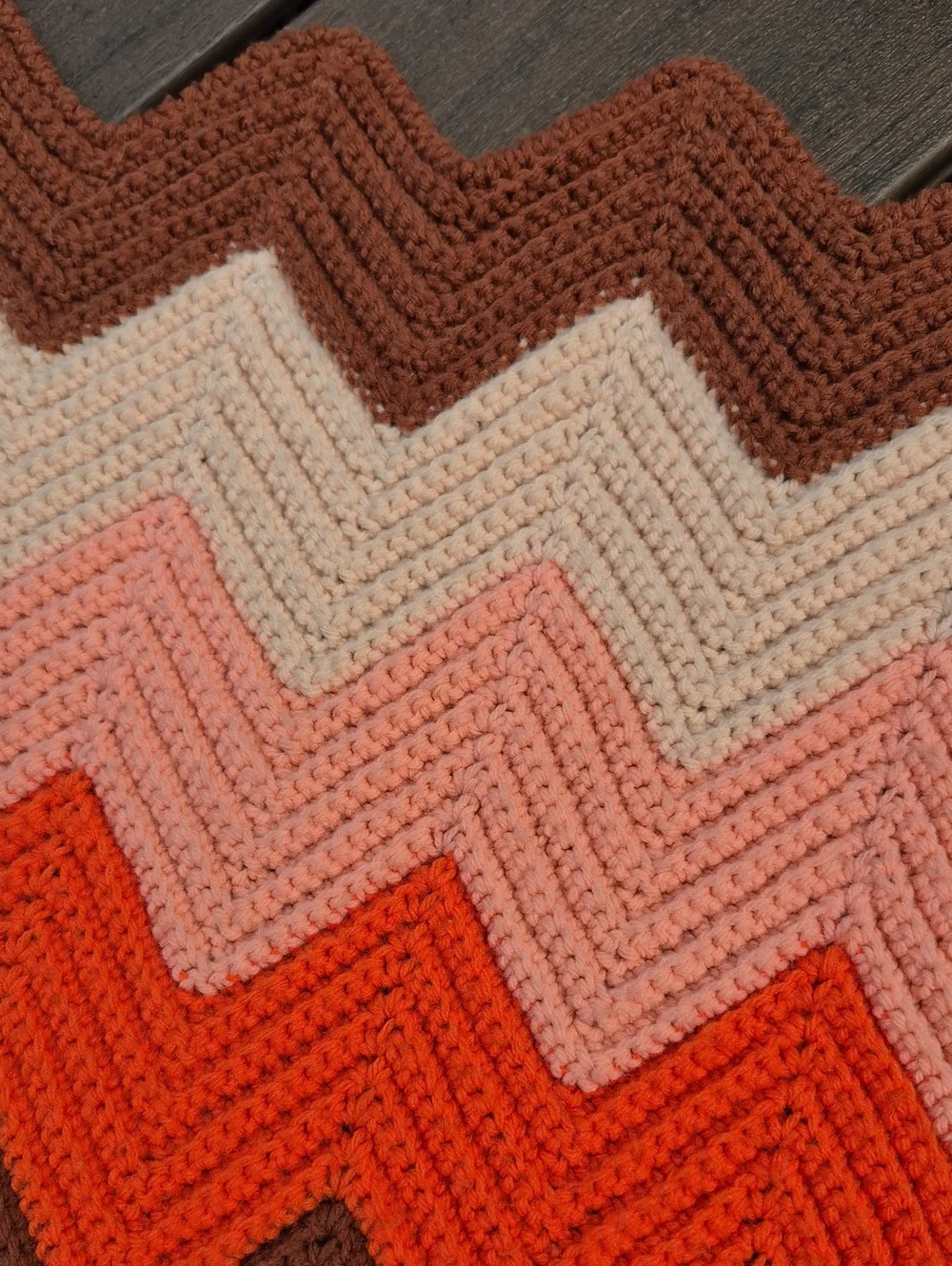 Vintage 70's Handmade Chevron Zigzag Crochet Afghan in Fall Colors 7'x4'